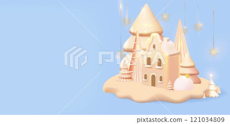 Gingerbread house with Christmas trees and snowflakes on blue. 3d render, vector Gingerbread house with Christmas trees and snowflakes on blue. 3d render, vector 121034809