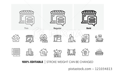 Home moving, Square meter and Buildings line icons. Pack of Mortgage, Food market, Market icon. Buying house, Open door, Inspect pictogram. Property agency, Arena stadium, Fingerprint access. Vector Home moving, Square meter and Buildings line icons. Pack of Mortgage, Food market, Market icon. Buying house, Open door, Inspect pictogram. Property agency, Arena stadium, Fingerprint access. Vector 121034813
