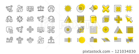 Virtual presentation, Video conference, Live chat icons. Design shape elements. Online meeting line icons. Team video, Digital training, Online presentation. Vector 121034830