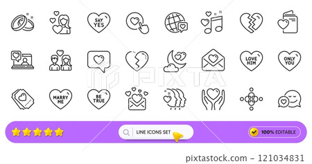 Dating, Say yes and Friends couple line icons for web app. Pack of World brand, Love, Friends chat pictogram icons. Hold heart, Like button, Love him signs. Wedding rings, Inclusion, Be true. Vector Dating, Say yes and Friends couple line icons for web app. Pack of World brand, Love, Friends chat pictogram icons. Hold heart, Like button, Love him signs. Wedding rings, Inclusion, Be true. Vector 121034831