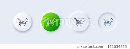 Cooking whisk line icon. Neumorphic, Green gradient, 3d pin buttons. Cutlery sign. Food mix symbol. Line icons. Neumorphic buttons with outline signs. Vector 121034833