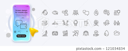 Loyalty points, Approved checkbox and Buying house line icons for web app. Phone mockup gradient screen. Pack of Farsightedness, Flight time, Arena stadium pictogram icons. Vector 121034834