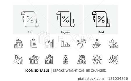 Graph chart, Bitcoin project and Loan line icons. Pack of Bid offer, Inflation, Salary icon. Currency rate, Dao, Clipboard pictogram. Manager, Online auction, Loan percent. Report. Line icons. Vector 121034836