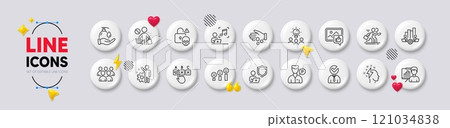 Business idea, Music and Vacancy line icons. White buttons 3d icons. Pack of Like photo, Shield, Group icon. Employee, Customer satisfaction, Donation money pictogram. Vector 121034838