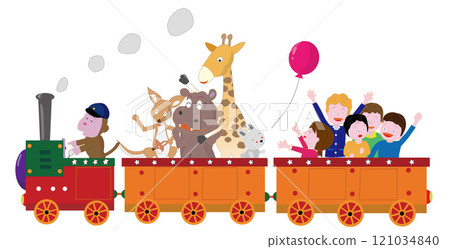 Animals and children enjoying a ride on a retro steam locomotive. 121034840