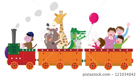 Animals and families enjoying a ride on a retro steam locomotive. 121034842