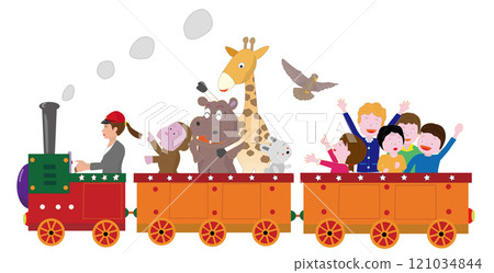 Animals and children enjoying a ride on a retro steam locomotive. 121034844