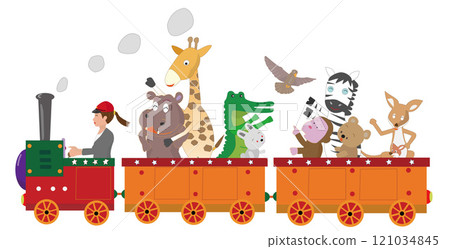 Animals enjoying a ride on a retro steam locomotive. Animals enjoying a ride on a retro steam locomotive. 121034845