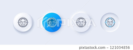 Face detect target line icon. Neumorphic, Blue gradient, 3d pin buttons. Head recognition sign. Identification symbol. Line icons. Neumorphic buttons with outline signs. Vector Face detect target line icon. Neumorphic, Blue gradient, 3d pin buttons. Head recognition sign. Identification symbol. Line icons. Neumorphic buttons with outline signs. Vector 121034856