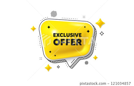 Exclusive offer tag. Chat speech bubble 3d icon. Sale price sign. Advertising discounts symbol. Exclusive offer chat message. Speech bubble banner with stripes. Yellow text balloon. Vector 121034857