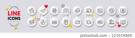 Cloud storage, Search file and Baggage app line icons. White buttons 3d icons. Pack of Bed bugs, Project deadline, Paper plane icon. Confirmed flight, Charging cable, Work home pictogram. Vector Cloud storage, Search file and Baggage app line icons. White buttons 3d icons. Pack of Bed bugs, Project deadline, Paper plane icon. Confirmed flight, Charging cable, Work home pictogram. Vector 121034869