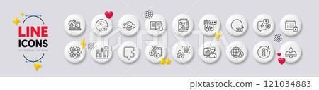 International recruitment, Presentation board and Online chemistry line icons. White buttons 3d icons. Pack of 360 degrees, Biometric security, Report document icon. Vector International recruitment, Presentation board and Online chemistry line icons. White buttons 3d icons. Pack of 360 degrees, Biometric security, Report document icon. Vector 121034883