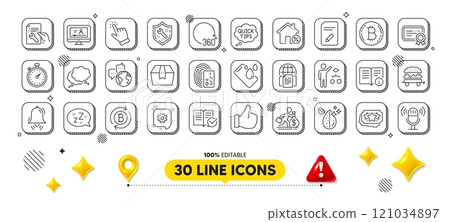 Salary, Package box and Algorithm line icons pack. 3d design elements. Refresh bitcoin, Online video, Smartphone waterproof web icon. Sleep, Quick tips, Food delivery pictogram. Vector 121034897
