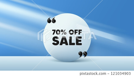 Sale 70 percent off discount. Circle frame, product stage background. Promotion price offer sign. Retail badge symbol. Sale round frame message. Minimal design offer scene. 3d comma quotation. Vector Sale 70 percent off discount. Circle frame, product stage background. Promotion price offer sign. Retail badge symbol. Sale round frame message. Minimal design offer scene. 3d comma quotation. Vector 121034903