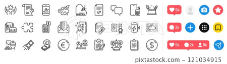 Report, Dollar money and Piano line icons pack. Social media icons. Calculator, Clipboard, Smartphone statistics web icon. Cloud system, Creativity concept, Approved checklist pictogram. Vector 121034915