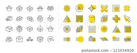 Package, delivery boxes, cargo box. Design shape elements. Box line icons. Cargo distribution, export boxes, return parcel icons. Shipment of goods, purchase container, open package. Vector Package, delivery boxes, cargo box. Design shape elements. Box line icons. Cargo distribution, export boxes, return parcel icons. Shipment of goods, purchase container, open package. Vector 121034920