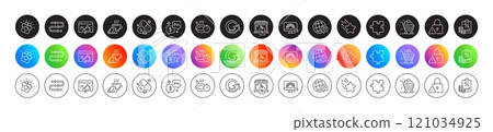 World brand, Market sale and Lgbt line icons. Round icon gradient buttons. Pack of Puzzle, Frying pan, Consulting icon. Methodology, Love gift, Lock pictogram. Vector 121034925