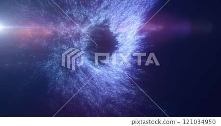 A light burst creating an abstract swirl of blue color with bright digital points and a dark center 121034950