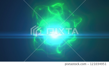 Vivid green particles floating in a dark purple sphere forming a glowing organic shape with bright center light background 121034951