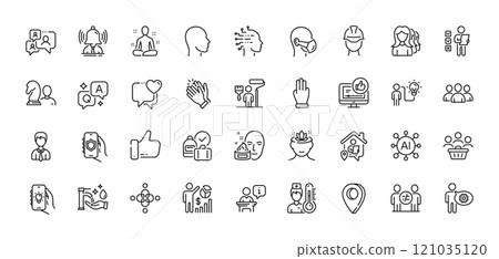 Group, Heart and Yoga line icons pack. AI, Question and Answer, Map pin icons. Support chat, Electric app, Security app web icon. Head, Three fingers, Podium pictogram. Vector Group, Heart and Yoga line icons pack. AI, Question and Answer, Map pin icons. Support chat, Electric app, Security app web icon. Head, Three fingers, Podium pictogram. Vector 121035120