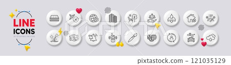 Fireworks, World money and Rainy weather line icons. White buttons 3d icons. Pack of Helping hand, Qr code, World brand icon. Justice scales, Correct answer, Journey pictogram. Vector 121035129