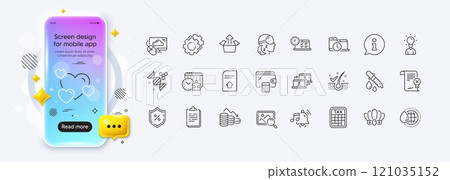Chemistry pipette, Reject certificate and Clipboard line icons for web app. Phone mockup gradient screen. Pack of Cloud computing, Online test, Anti-dandruff flakes pictogram icons. Vector 121035152