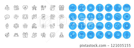 Sunbed, Buyer and Fireworks line icons pack. Smartphone buying, Online discounts, Gift dream web icon. Discount offer, Gps, Buying process pictogram. Flight sale, Gas grill. Color icon buttons. Vector 121035155