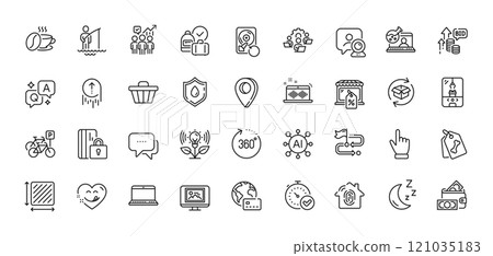 Online chemistry, Square area and Bicycle parking line icons pack. AI, Question and Answer, Map pin icons. Pet tags, Photo thumbnail, Video conference web icon. Vector 121035183
