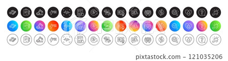 Clipboard, Chemistry lab and Musical note line icons. Round icon gradient buttons. Pack of Dollar exchange, Internet report, Keywords icon. Ranking star, Marketing, Winner ribbon pictogram. Vector Clipboard, Chemistry lab and Musical note line icons. Round icon gradient buttons. Pack of Dollar exchange, Internet report, Keywords icon. Ranking star, Marketing, Winner ribbon pictogram. Vector 121035206