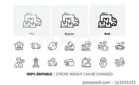 Transport insurance, Ship and Truck delivery line icons. Pack of Carry-on baggage, Petrol station, Gas price icon. Boarding pass, Storage, Search flight pictogram. Charging time. Line icons. Vector 121035323
