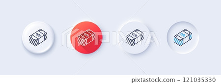 Cash money line icon. Neumorphic, Red gradient, 3d pin buttons. Banking currency sign. Dollar or USD symbol. Line icons. Neumorphic buttons with outline signs. Vector 121035330