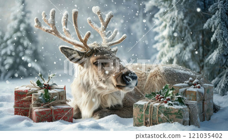 Deer and Christmas gifts in eco-friendly package on snow. 121035402