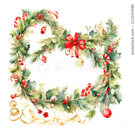 Watercolor wreath with traditional winter decorations. Perfect design addition for invitations, greeting cards, prints, stickers. 121035496