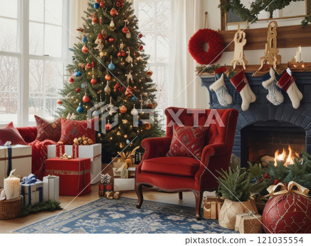 Cozy living room interior with a Christmas tree. 121035554