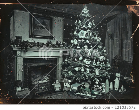 Christmas tree decorated in nostalgic retro style. 121035572