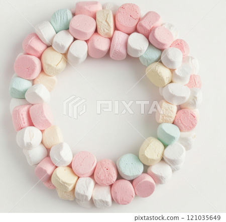 A greeting wreath of pastel colored sweet marshmallows. 121035649