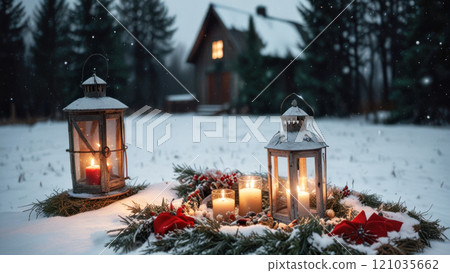 Candle lantern on snow against rural winter background. 121035662