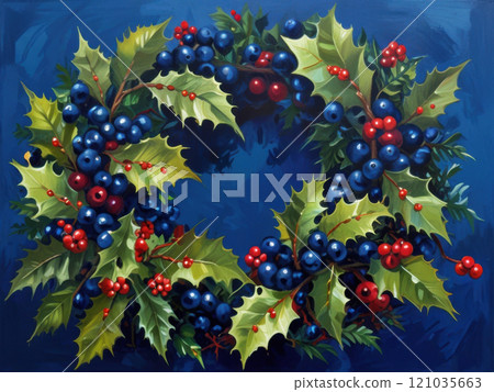 Christmas wreath made from natural materials. Art painting. Eco friendly winter holiday decoration. 121035663