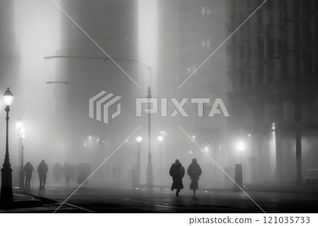 Foggy city street with blurred lights and silhouettes. 121035733