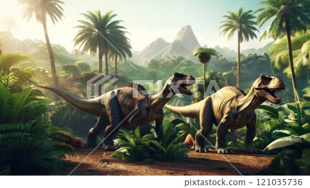 Dinosaurs and prehistoric plants. Illustration in retro style. 121035736