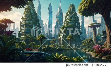 Prehistoric-inspired gardens in modern city decoration. Vegetation in park. Urban jungle. Futuristic cityscape with ancient ecosystems. Prehistoric-inspired gardens in modern city decoration. Vegetation in park. Urban jungle. Futuristic cityscape with ancient ecosystems. 121035779