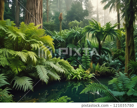 Prehistoric-inspired gardens in modern city decoration. Vegetation in park. Urban jungle. Futuristic cityscape with ancient ecosystems. 121035780