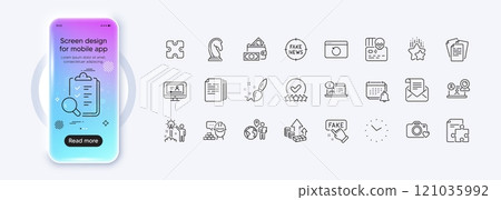 Online documentation, Online video and Fake information line icons for web app. Phone mockup gradient screen. Pack of Rating stars, Creative idea, Recovery internet pictogram icons. Vector 121035992