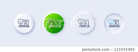 Smile laptop line icon. Neumorphic, Green gradient, 3d pin buttons. Positive feedback rating sign. Customer satisfaction symbol. Line icons. Neumorphic buttons with outline signs. Vector Smile laptop line icon. Neumorphic, Green gradient, 3d pin buttons. Positive feedback rating sign. Customer satisfaction symbol. Line icons. Neumorphic buttons with outline signs. Vector 121035993
