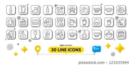 Food app, Cocktail and Salad line icons pack. 3d design elements. Dish, Ice cream, Cappuccino web icon. Juice, Food delivery, Wine bottle pictogram. Teacup, Cherry, Dry cappuccino. Vector 121035994