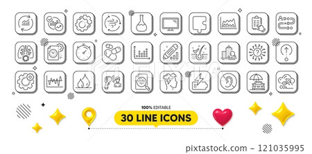 Swipe up, Update data and Electronic thermometer line icons pack. 3d design elements. Trade chart, Puzzle, Journey path web icon. Mindfulness stress, Inspect, Chemistry lab pictogram. Vector 121035995