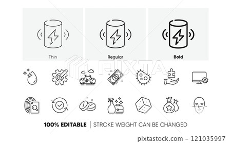 Bike, Inspect and Bacteria line icons. Pack of Security confirmed, Cogwheel, Bitcoin icon. Charge battery, Cleanser spray, Monitor settings pictogram. Loyalty points, Water drop, Puzzle. Vector 121035997