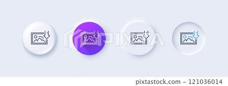 Download photo line icon. Neumorphic, Purple gradient, 3d pin buttons. Image thumbnail sign. Picture placeholder symbol. Line icons. Neumorphic buttons with outline signs. Vector Download photo line icon. Neumorphic, Purple gradient, 3d pin buttons. Image thumbnail sign. Picture placeholder symbol. Line icons. Neumorphic buttons with outline signs. Vector 121036014