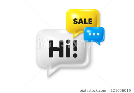 Discount speech bubble offer 3d icon. Hi welcome tag. Hello invitation offer. Formal greetings message. Hi discount offer. Speech bubble sale banner. Discount balloon. Vector 121036019