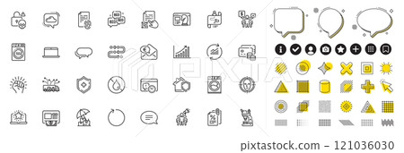 Set of Cloud communication, Methodology and Laptop line icons for web app. Design elements, Social media icons. Dryer machine, Tax documents, Cyber attack icons. Vector 121036030